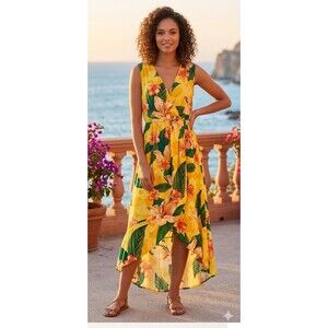 Anthropologie Kindred Womens  Dress Maxi Wrap Yellow Floral 1X  Resorts Beach